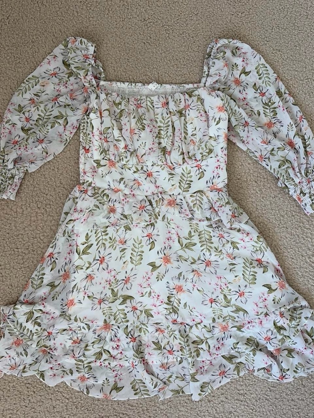 Floral Puff-Sleeve Midi Dress in White with Pink & Green Print